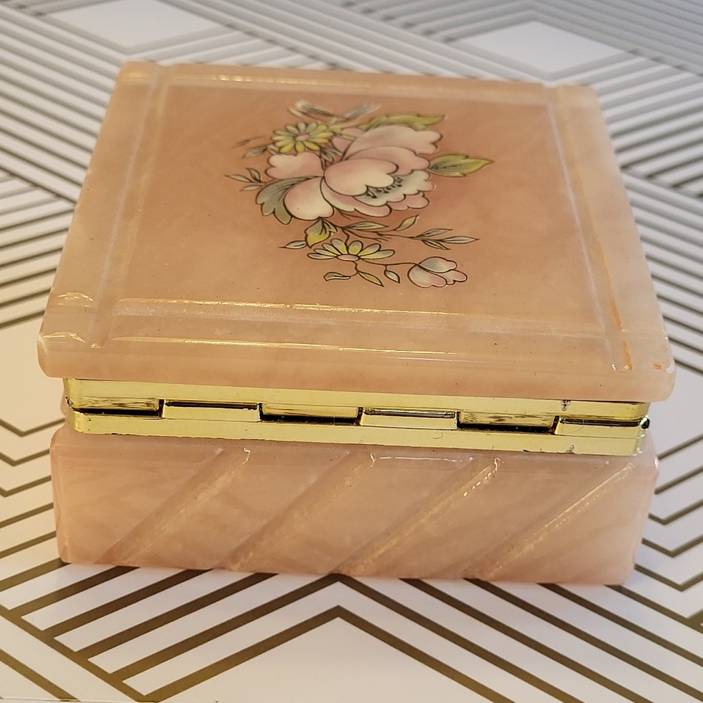 VTG Genuine Alabaster Stone Square Trinket Jewelry Box Hinged Peach Floral Brass - Picture 7 of 15
